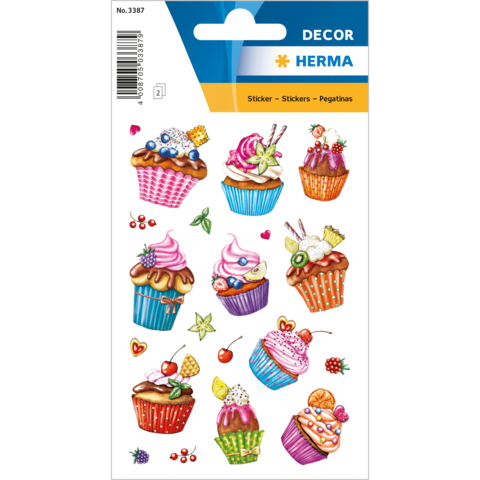 Bunte Aufkleber mit verschiedenen Cupcakes, verziert mit Sahne, Früchten und Schokolade, auf einem weißen Hintergrund.