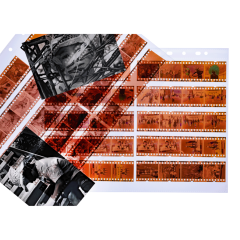 Eine Sammlung von Filmstreifen mit verschiedenen Schwarz-Weiß- und Farbfotos, die Szenen aus dem Alltag und Porträts zeigen.