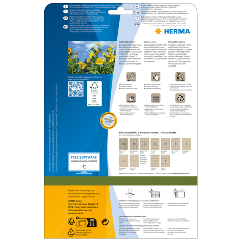 Verpackungsrückseite mit Informationen zu HERMA Produkten, einschließlich Anleitungen, Softwarehinweisen und Symbolen zur Anwendung.