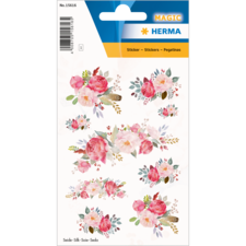 Bunte Blumenaufkleber in verschiedenen Designs, hauptsächlich in Rosa und Weiß, auf einem weißen Hintergrund.