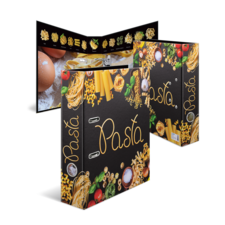 Ein Rezeptbuch mit dem Titel "Pasta", umgeben von verschiedenen Pasta-Sorten, Eiern und frischen Zutaten.