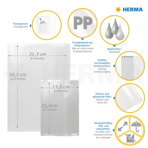 Transparente Polypropylen-Hüllen in zwei Größen, abwaschbar, stabil und reißfest, mit Angaben zu Abmessungen und Eigenschaften.