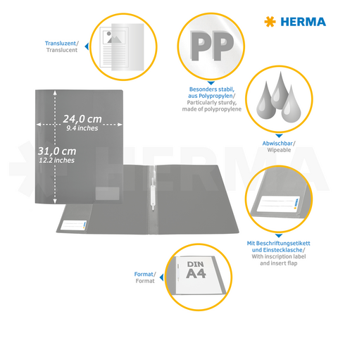 Transparente, abwischbare Ordnermappe aus Polypropylen, Maße 24 cm x 31 cm, geeignet für DIN A4, mit Beschriftungsmöglichkeit.
