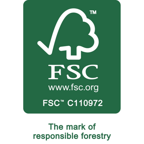 FSC-Logo mit der Aufschrift "The mark of responsible forestry" und der Website www.fsc.org, sowie der Zertifikatsnummer FSC C110972.