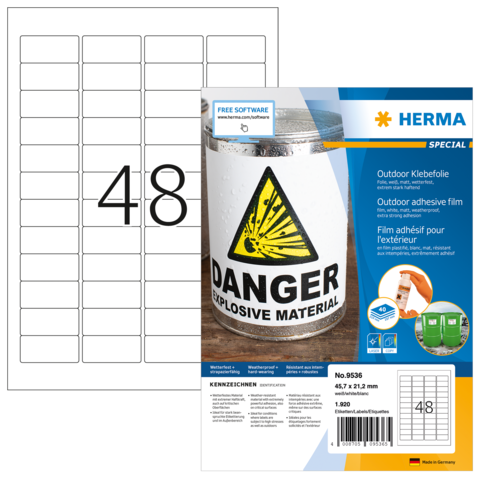 Klebefolie mit Warnhinweis "Danger - Explosive Material" und Produktinformationen von Herma, inklusive Nummer 9536 und Anwendungshinweisen.
