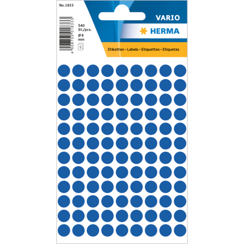 Blaues Etikettenblatt mit 540 runden Aufklebern, Durchmesser 8 mm, verpackt in einer transparenten Hülle.