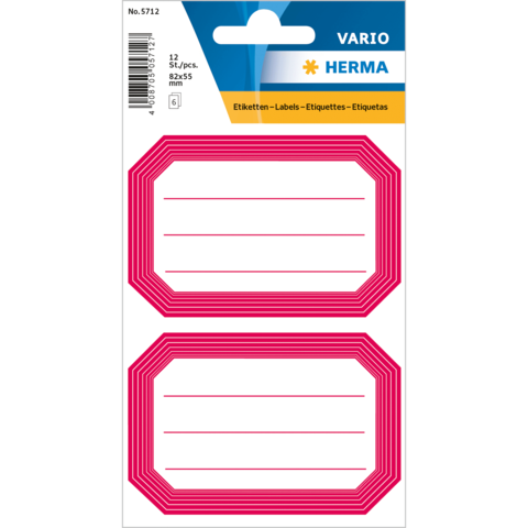 Packung mit 12 Etiketten in pinker Farbe, rechteckig mit Linien zum Beschriften, geeignet für verschiedene Anwendungen.