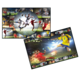 Eine Collage von Fußballspielern in verschiedenen Aktionen, darunter Schüsse, Dribblings und Tore, vor einem sportlichen Hintergrund.