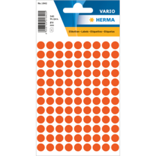 Packung mit 540 orangen Etiketten in runder Form, Durchmesser 8 mm, auf einer Trägerfolie.