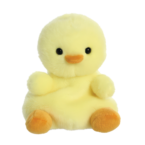 Ein gelbes, weiches Entchen mit runden Augen und einem orangefarbenen Schnabel, das aufrecht sitzt.