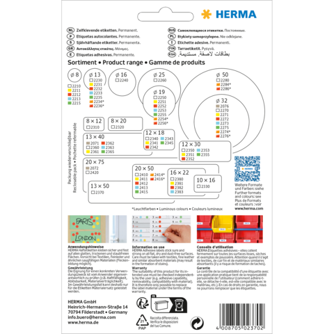 Produktübersicht mit verschiedenen Etikettenformaten und Farben von HERMA, einschließlich Anwendungsinformationen und Barcode.