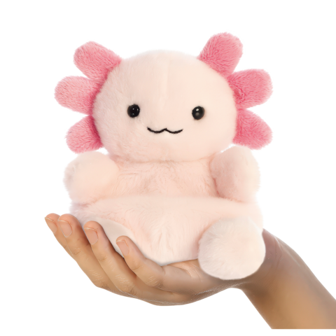 Ein rosa Plüschaxolotl mit einem lächelnden Gesicht und rosa Kiemen sitzt in einer Hand." 

(Note: The original text is already in German and does not require translation. It is clear and fluent as it is.)