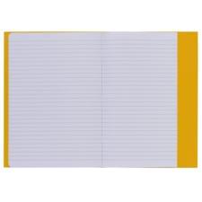 Offenes Notizbuch mit linierten Seiten und gelbem Umschlag. Die Seiten sind leer und bereit zum Beschreiben oder Notieren.