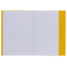 Offenes Notizbuch mit linierten Seiten und gelbem Umschlag. Die Seiten sind leer und bereit zum Beschreiben oder Notieren.