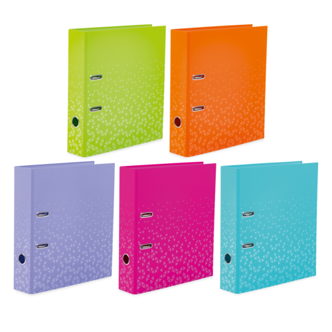 Fünf Ordner in verschiedenen Farben: grün, orange, lila, pink und türkis, mit einem strukturierten Design und zwei Ringmechanismen."
(Note: The text is already in German and does not require any changes for tone, context, or meaning.)