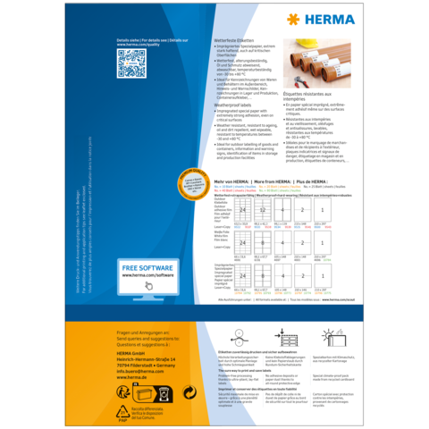 Rückseite eines Produkts von HERMA mit Informationen zu Software, Anwendungshinweisen und einem QR-Code. Enthält eine Tabelle mit technischen Details.