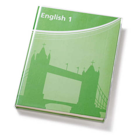 Ein grünes Lehrbuch mit dem Titel "English 1" und einer Silhouette einer Brücke im Hintergrund.