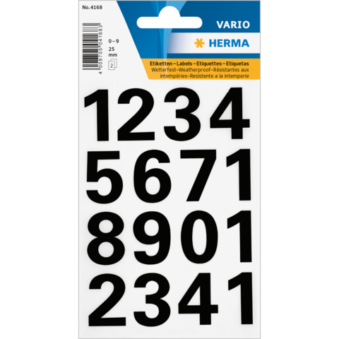 Schwarze Zahlenaufkleber von 0 bis 9 auf einem weißen Hintergrund, geeignet für wetterfeste Etikettierung.