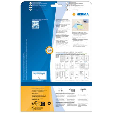 Rückseite einer Verpackung für transparente Etiketten von HERMA, mit Anweisungen, QR-Code und Informationen zur Software.