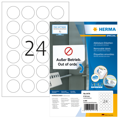 Ablösbare Etiketten mit der Nummer 24, verpackt in einer blauen Verpackung von HERMA. Hinweis: "Außer Betrieb. Out of order."
