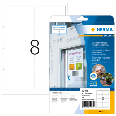 Strapazierfähige, ablösbare Etiketten von Herma, inklusive Softwarehinweis. Verpackung zeigt Etikettenlayout und Anwendungshinweise.