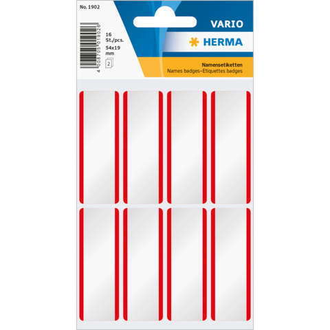 Namensetiketten auf einem Bogen mit 16 weißen Aufklebern und roten Linien, geeignet für Beschriftungen.