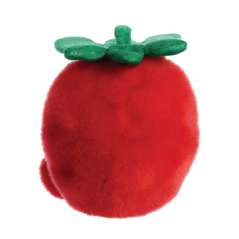 Runde, rote Plüschtomate mit grünen Blättern oben." 

(Note: The text is already in German and does not require translation. It is clear and fluent as it stands.)