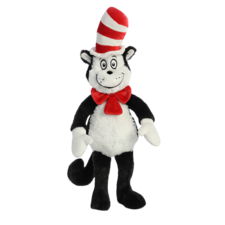 Ein Plüschspielzeug eines schwarz-weißen Katers mit einem rot-weißen gestreiften Hut und roter Schleife.