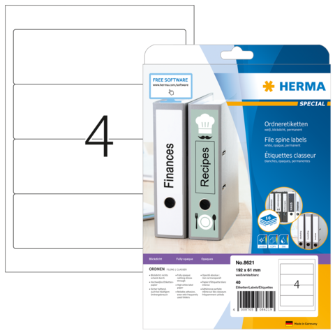 Ordneretiketten von HERMA, inklusive zwei beschrifteten Ordnern für Finanzen und Rezepte, mit einer Packung von 40 Etiketten.