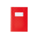 Rotes Notizbuch mit einem weißen Etikett auf der Vorderseite, das Platz für eine Beschriftung bietet.