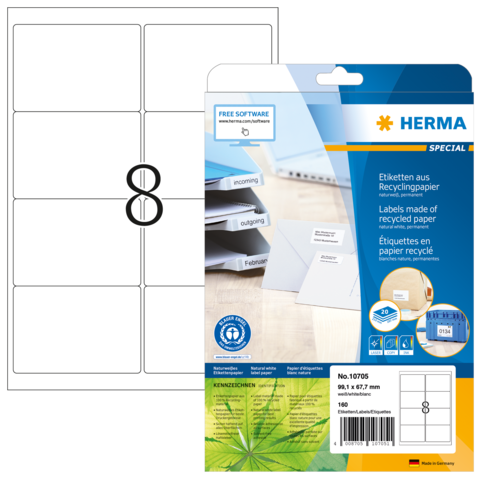 Etikettenbogen aus Recyclingpapier mit sechs beschriftbaren Feldern, verpackt in einer transparenten Hülle.