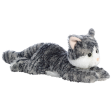 Kuscheltier in Form einer Katze mit braunem, beigem und weißem Fell, großen Augen und einem runden Körper.