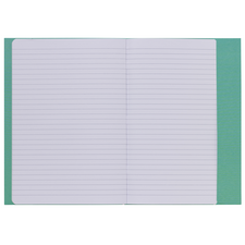 Offenes Notizbuch mit liniertem Papier, grüne Umschläge und leere Seiten für Notizen oder Skizzen.