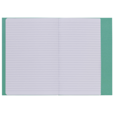 Offenes Notizbuch mit liniertem Papier, grüne Umschläge und leere Seiten für Notizen oder Skizzen.