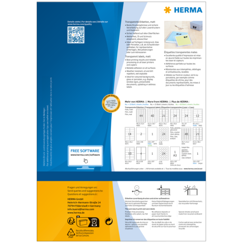 Transparente Etiketten von HERMA, mit QR-Code und Informationen zu Software und Anwendung. Anleitungen und Produktdetails sind ebenfalls enthalten.
