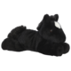 Schwarzes Plüschpferd mit weißen Abzeichen, in liegender Position. Weiches Material und detaillierte Gesichtszüge.