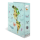 Eine farbenfrohe Karte von Amerika mit Tieren und Ozeanen, die die geografischen Regionen Nordamerika, Südamerika und die Ozeane zeigt.