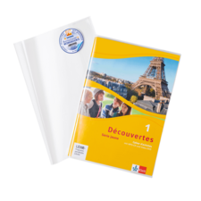 Lehrbuch "Découvertes 1" mit gelbem Cover, zeigt den Eiffelturm und Bilder von Schülern. Enthält Informationen für den Unterricht.