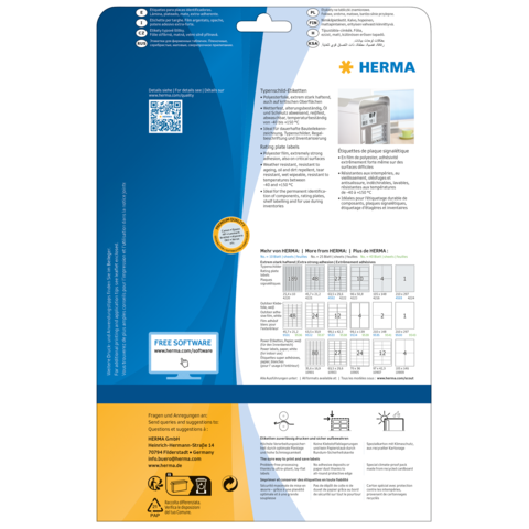 Rückseite einer Verpackung mit Informationen zu HERMA Produkten, einschließlich QR-Code und Hinweisen zur kostenlosen Software.