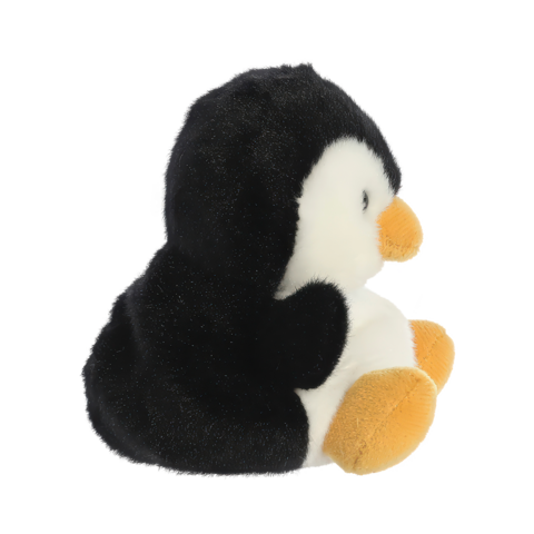 Plüsch-Pinguin mit schwarzem Körper, weißem Bauch und orangefarbenem Schnabel, seitlich abgebildet.