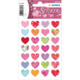 Bunte Herzaufkleber in verschiedenen Designs und Farben, angeordnet auf einem Stickerbogen mit dem Titel "Stickers".