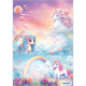 Drei Einhörner in einer bunten Wolkenlandschaft mit Regenbögen und Herzen, umgeben von Blumen und sanften Pastellfarben.