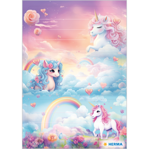 Drei Einhörner in einer bunten Wolkenlandschaft mit Regenbögen und Herzen, umgeben von Blumen und sanften Pastellfarben.