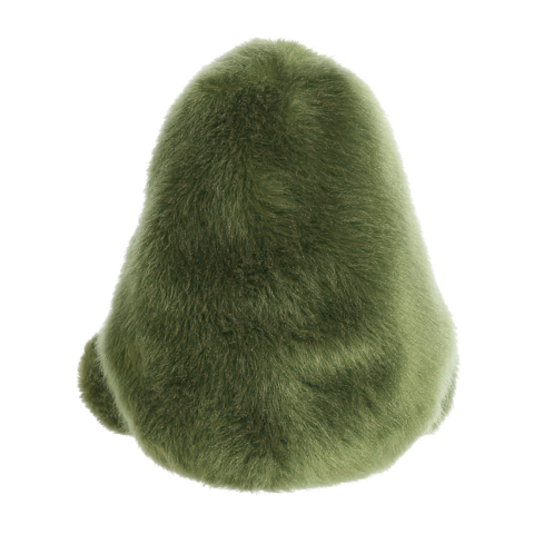 Grünes, samtiges Kissen in Form einer Avocado, von hinten betrachtet.