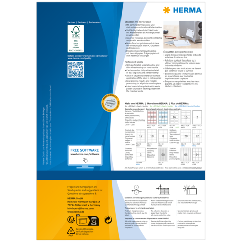 Produktinformationen von HERMA, einschließlich Softwarehinweise und Anwendungshinweise für Etiketten und Drucker. Enthält QR-Code und Tabellen.