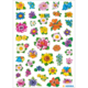 Bunte Blumenaufkleber in verschiedenen Formen und Farben, darunter Sonnenblumen, Rosen und Veilchen, auf einem weißen Hintergrund.