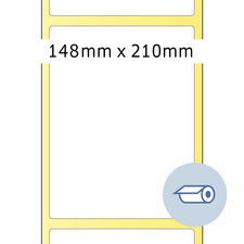 Ein gelbes Rahmenlayout mit den Maßen 148 mm x 210 mm, das Platz für Inhalte bietet. Ein Symbol für eine Rolle ist in der Ecke.