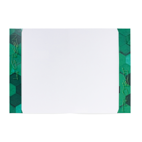 Leere, rechteckige Fläche mit einem grünen, hexagonalen Rahmen. Der Rahmen zeigt künstlerische Schriftzüge in verschiedenen Farben.