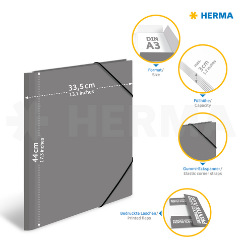 Grauer A3-Ordner mit elastischen Ecken, 3 cm Füllhöhe und bedruckten Laschen, präsentiert von HERMA.