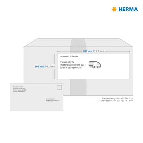 Versandkarton mit Absender- und Empfängerdaten, einschließlich Adresse und Abmessungen. Enthält eine Skizze eines Pakets und Briefumschlags.